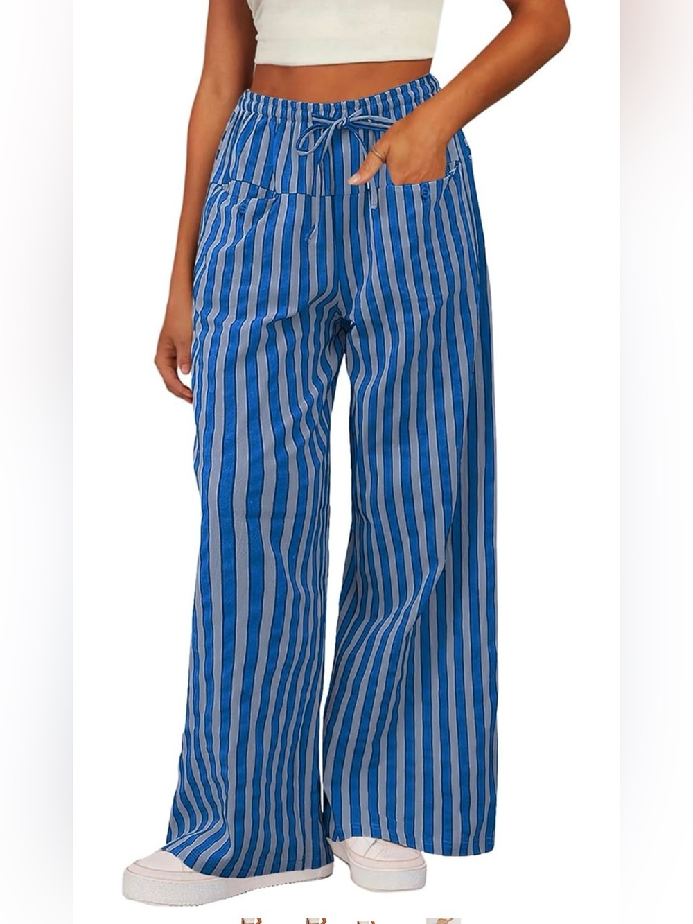 Casual Drawstring Elastic Waist Loose Wide Leg Striped Pants with Pockets